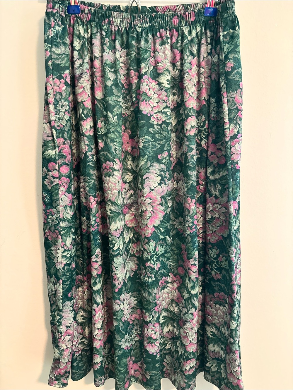 Vintage 90s Elastic Waist Green Floral Midi Skirt